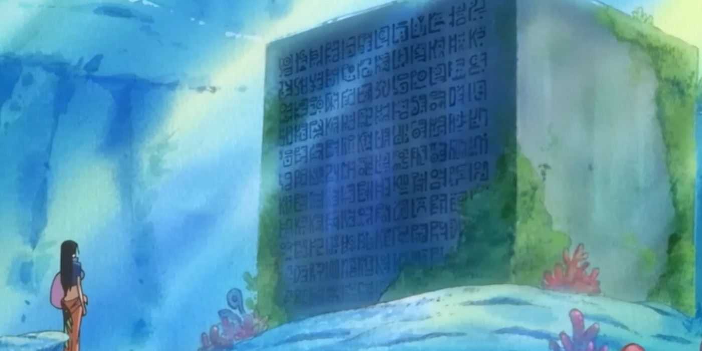 Nico Robin hľadí na Poneglyph, ktorý zanechal Joy Boy počas One Piece
