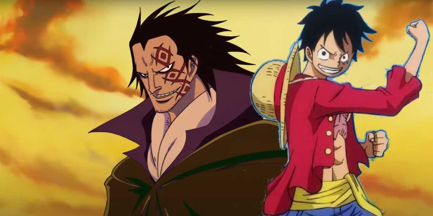 Luffy prekrýva draka vyzerajúceho zlovestne v One Piece