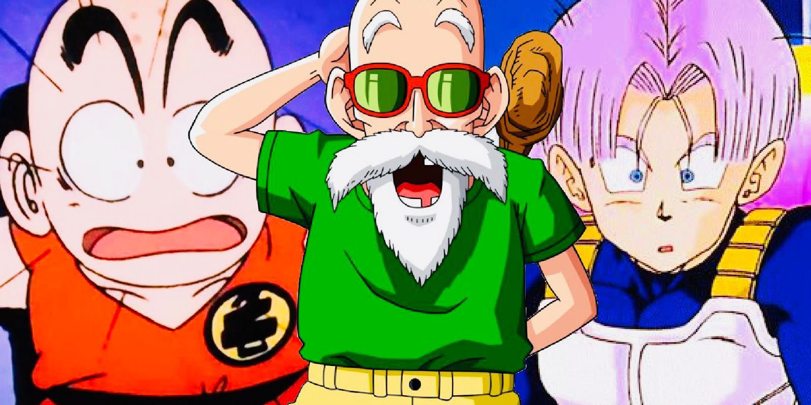 Trunks del futuro y Krillin sorprendidos por el Maestro Roshi en Dragon Ball Z