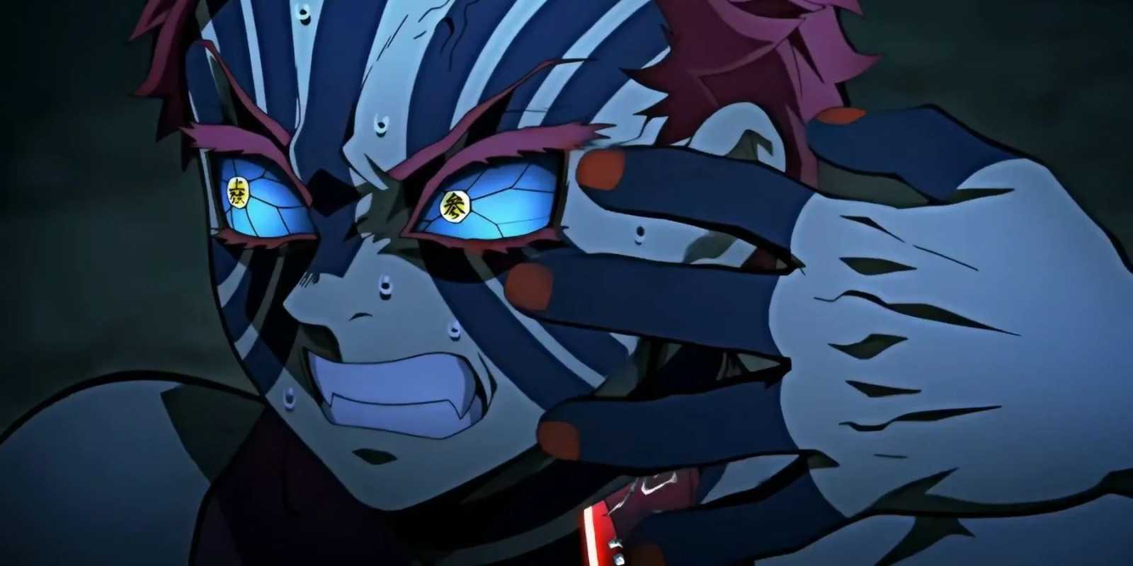 Akaza fletscht seine Zähne, während er in Demon Slayer gegen Kyojuro kämpft.