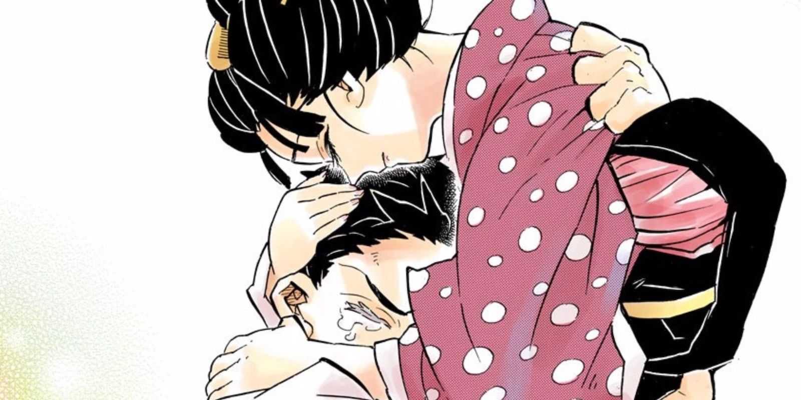 Hakuji umarmt Koyuki und trauert um sie, als sie im Demon Slayer-Manga stirbt.