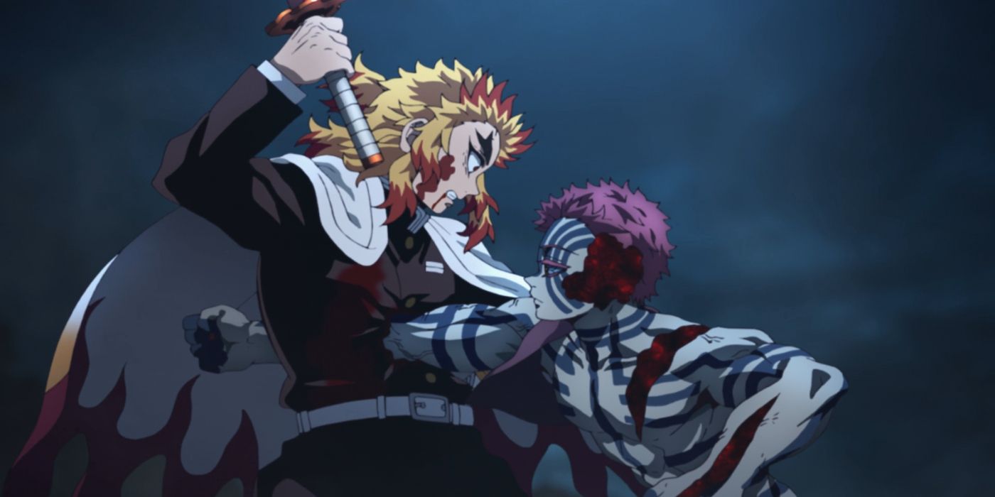 Akaza tötet Rengoku in Demon Slayer: Kimetsu no Yaiba, dem Film: Mugen Train.