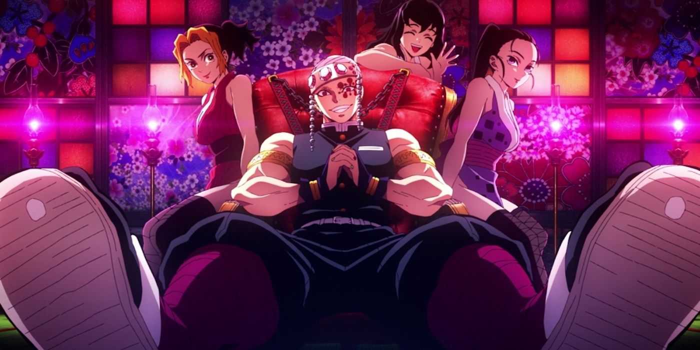 Tengen Uzui, der Sound Hashira, mit seinen Frauen vor einem auffälligen Hintergrund