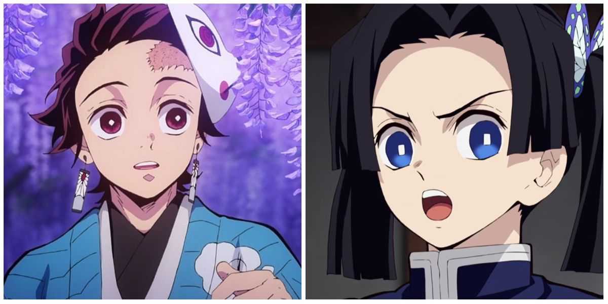 Tanjiro trägt seine Maske zur Seite und Aoi sieht schockiert aus