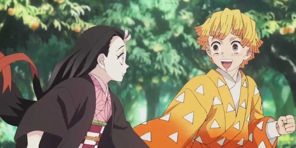 Nezuko und Zenitsu laufen gemeinsam durch den Wald