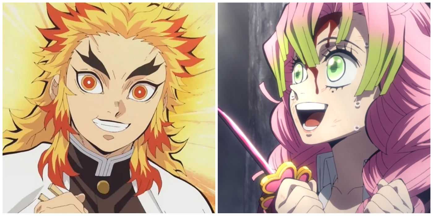 Kyojuro Rengoku grinst auf der linken Seite, während Mitsuri Kanroji auf der rechten Seite ihre Fäuste hochhält