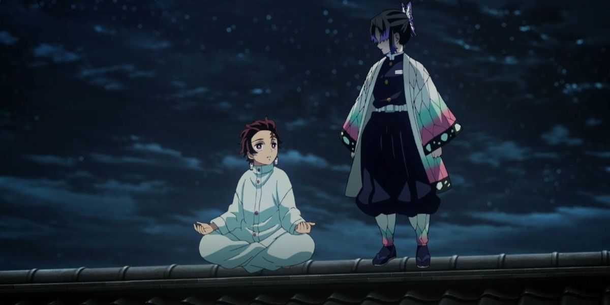 Tanjiro und Shinobu unterhalten sich auf dem Dach vor dem Nachthimmel