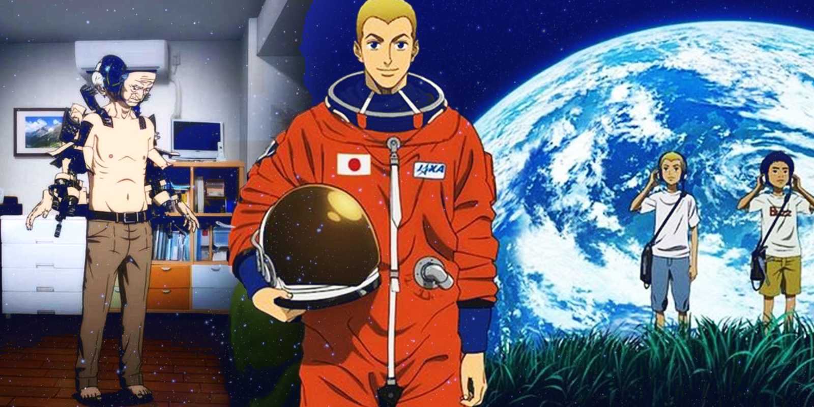 In der Mitte lächelt ein Hibito Nanba von Space Brothers in einem Astronautenanzug. Zu seiner Rechten schauen er und sein Bruder als Kinder in den Nachthimmel. Auf der linken Seite ist Inuyashiki Ichiro mit mechanisierten Gliedmaßen und getrenntem Kopf mit freigelegten Metallgelenken zu sehen.