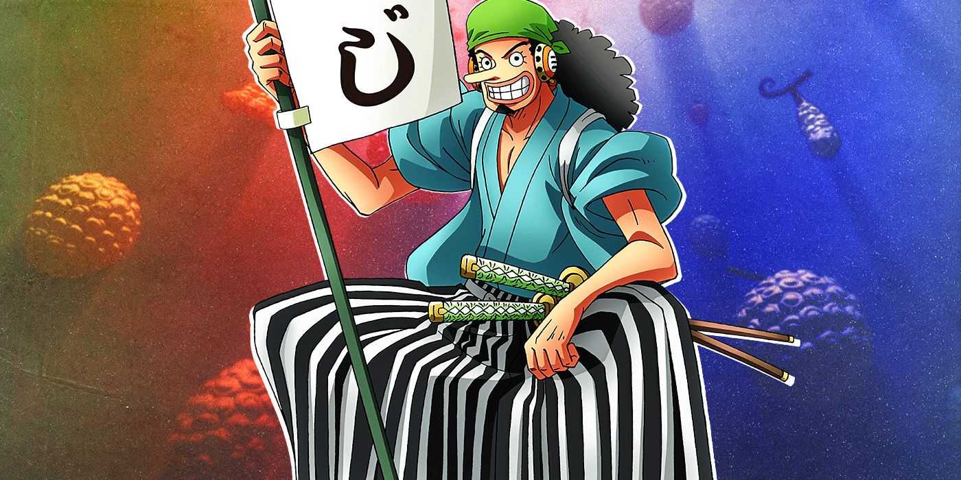 Ussop im Wano-Outfit vor schwebenden Teufelsfrüchten