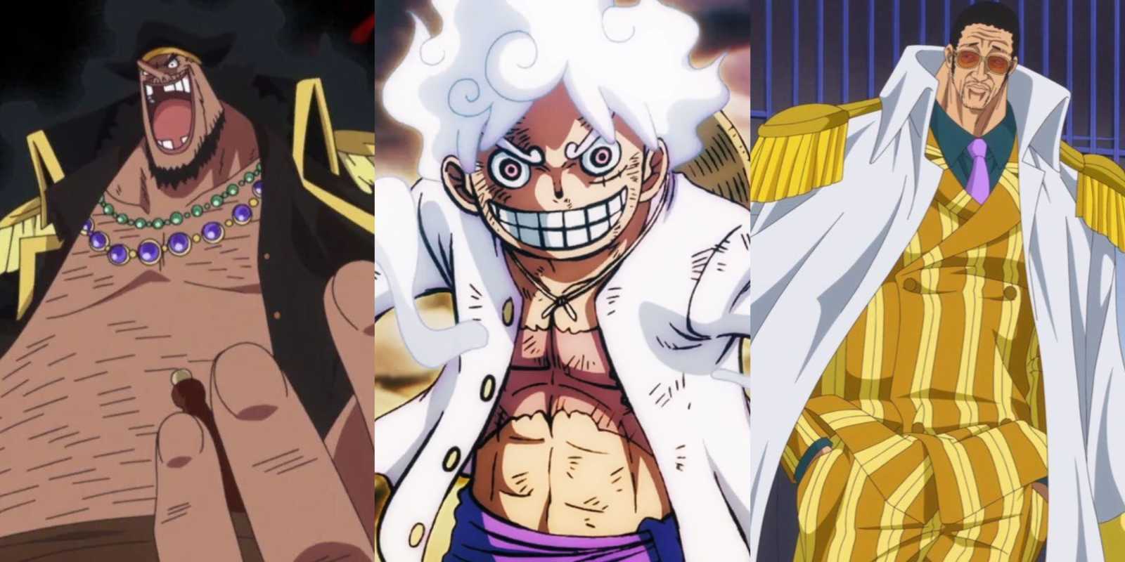 Blackbeard, Gear 5 Ruffy und Admiral Kizaru, wie sie im One Piece-Anime erscheinen