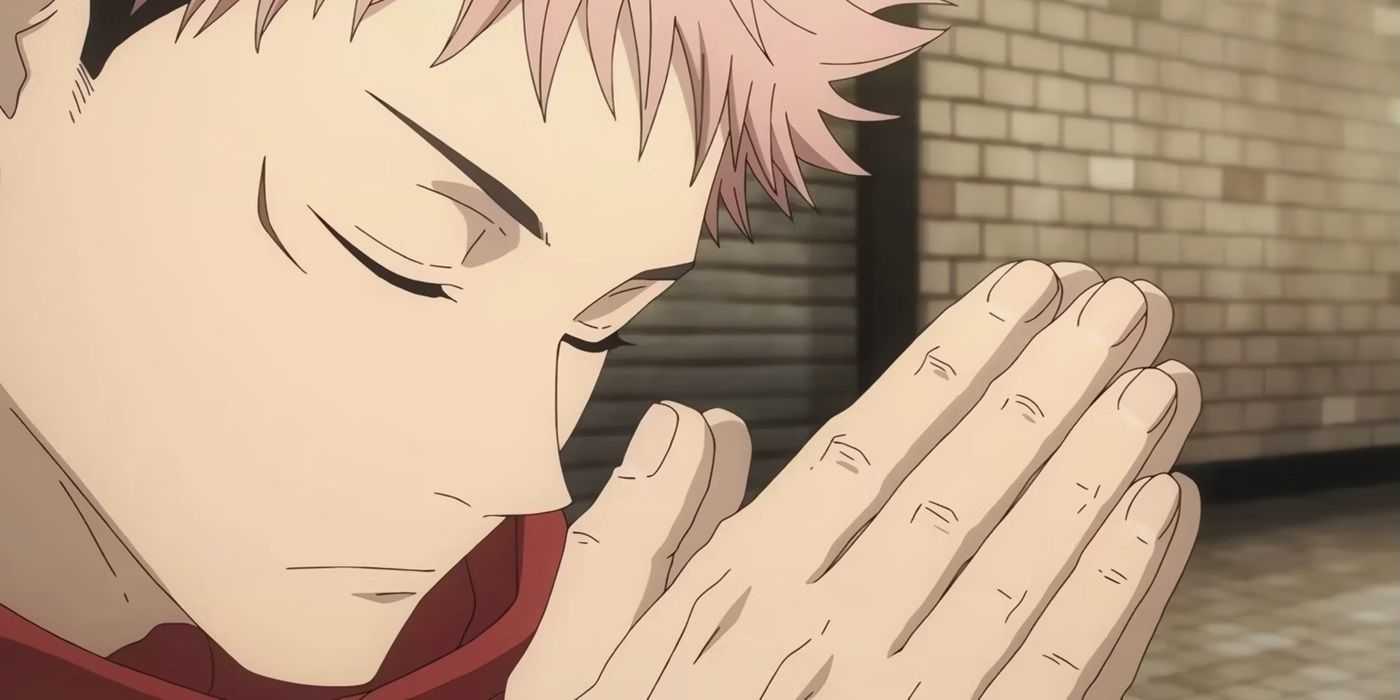 Yuji sa modlí so zatvorenými očami a rukami v anime Jujutsu Kaisen