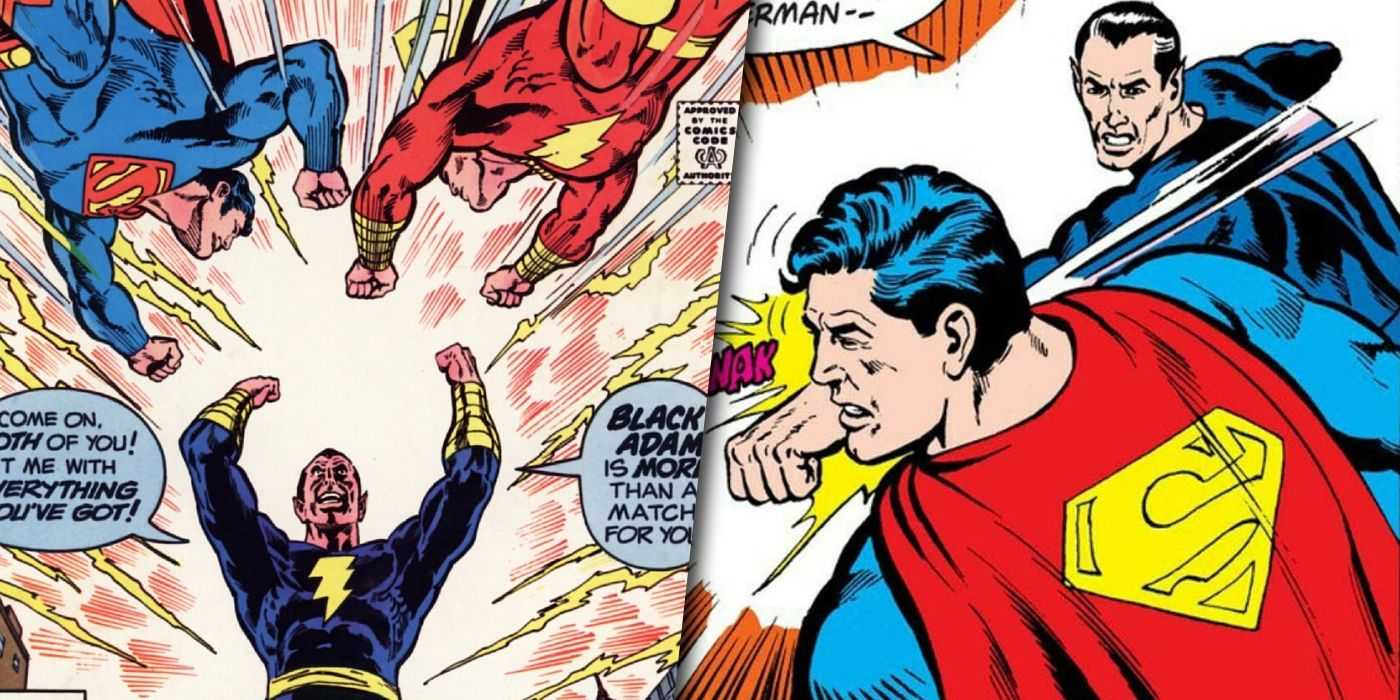 Comic-Strip, in dem Black Adam gegen Superman und Shazam kämpft