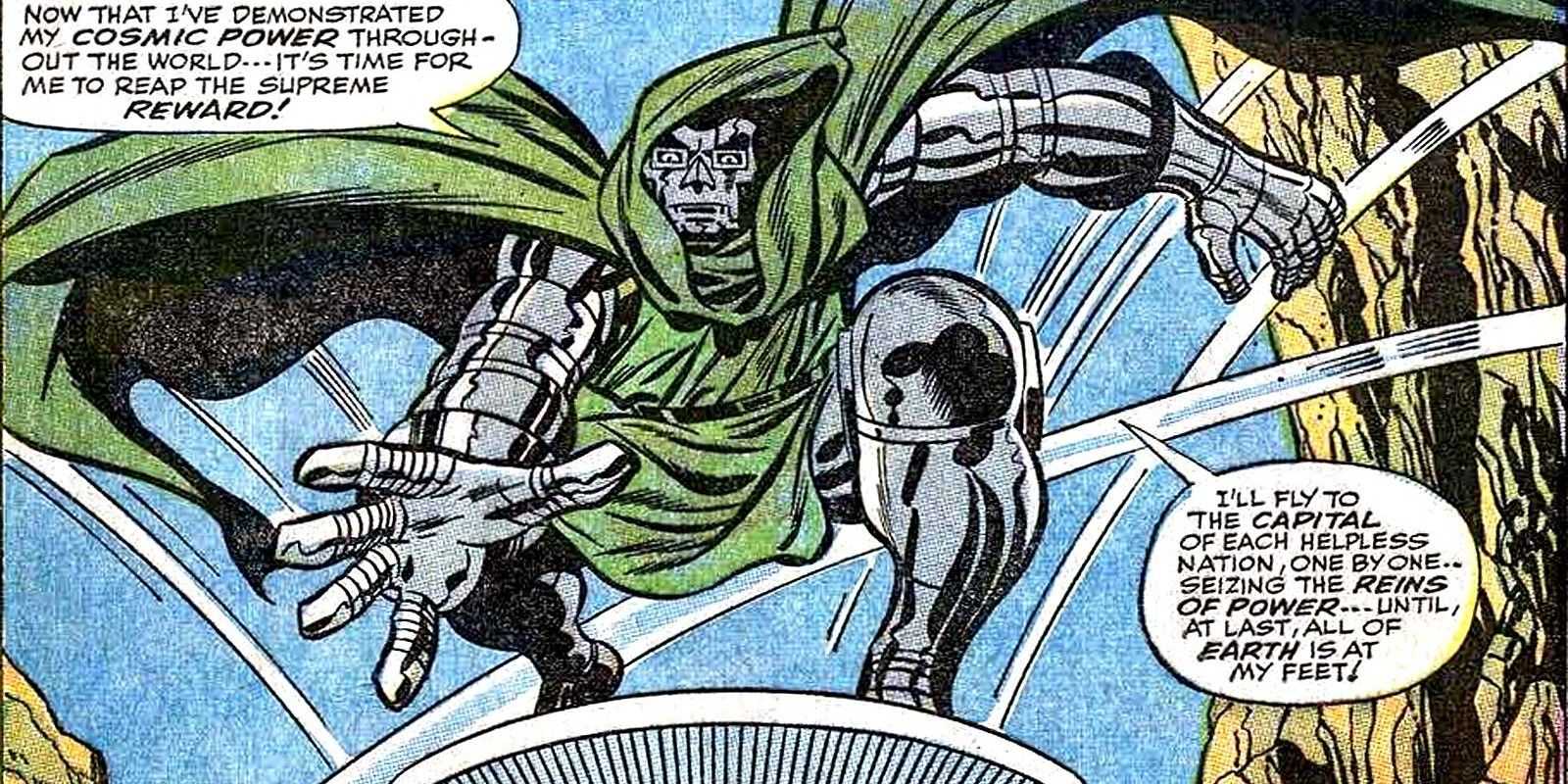 Vo Fantastic Four #60 doktor Doom deklaruje svoje plány na ovládnutie sveta počas jazdy na Silver Surfer