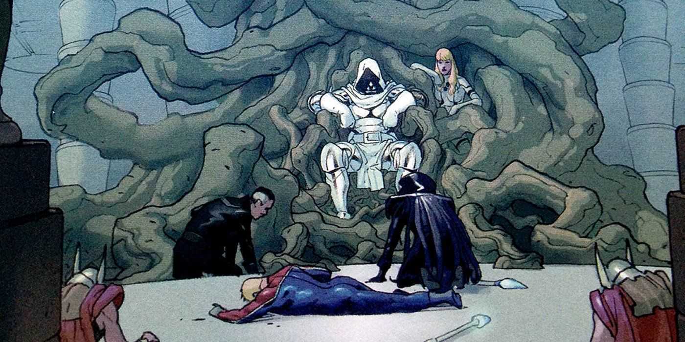 Panel Secret Wars zobrazuje Doctor Doom