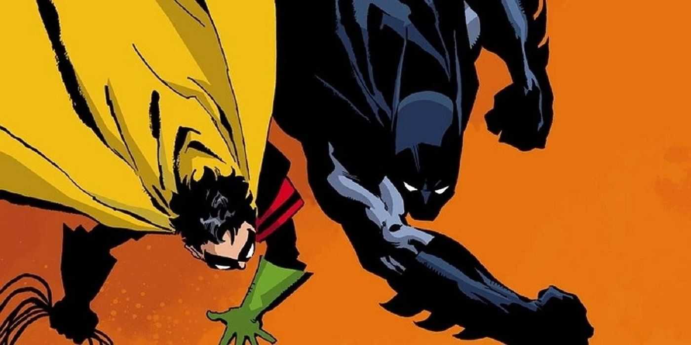 Dark Victory のカバーアートでバットマンとロビンがアクションに飛び込みます。