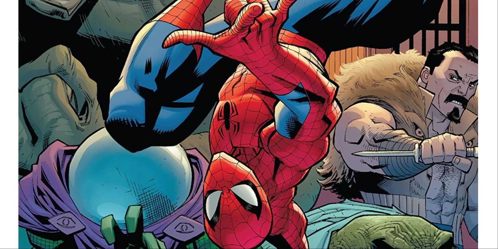 Spider-Man schwingt kopfüber vor Mysterio und Kraven