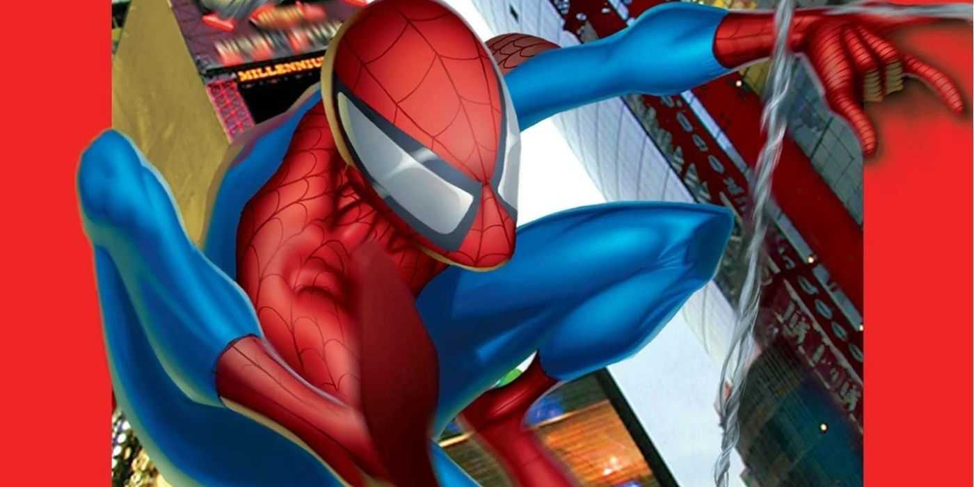 Spider-Man schwingt durch die Stadt auf dem Cover von Ultimate Spider-Man #1