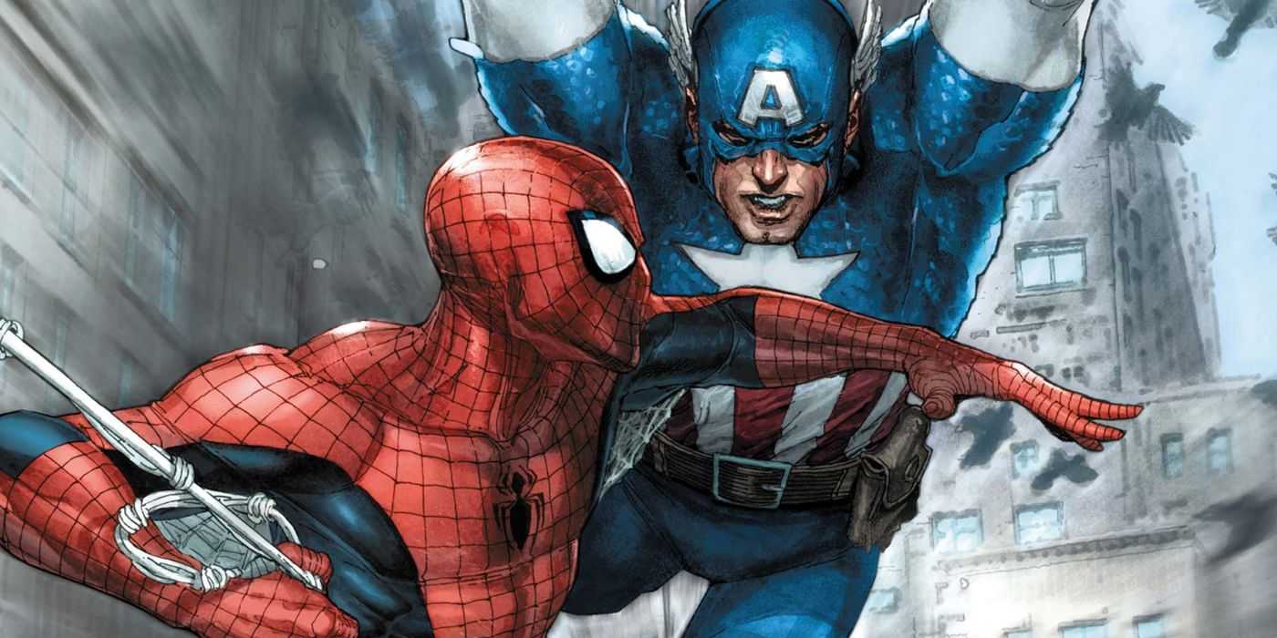 Spider-Man lucha contra el Capitán América en la portada de Avenging Spider-Man #5 (2012) de Marvel Comics.