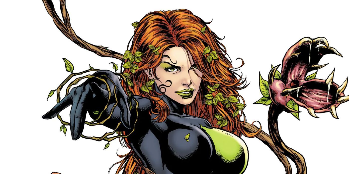 Poison Ivy ileriyi işaret ederken arkasında etobur bir bitki açılıyor