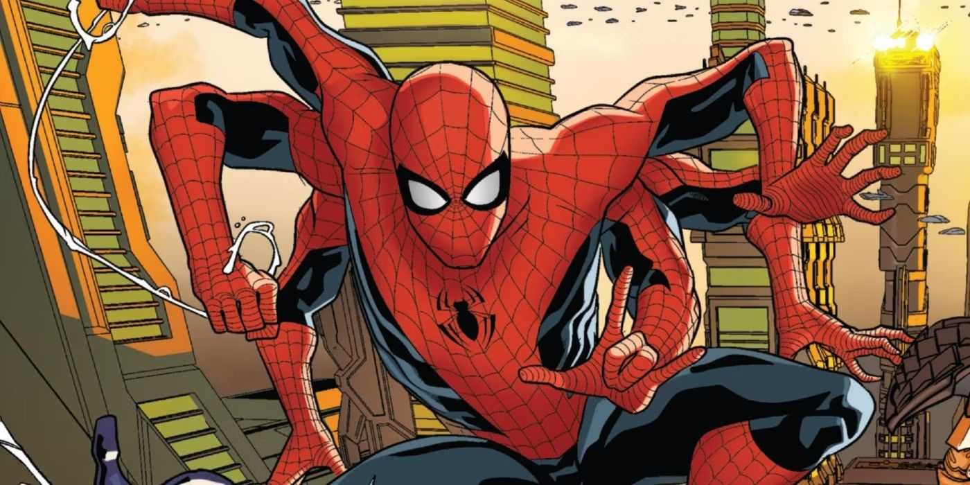 Sechsarmiger Spider-Man, der in Marvel Comics durch die Stadt schwingt.