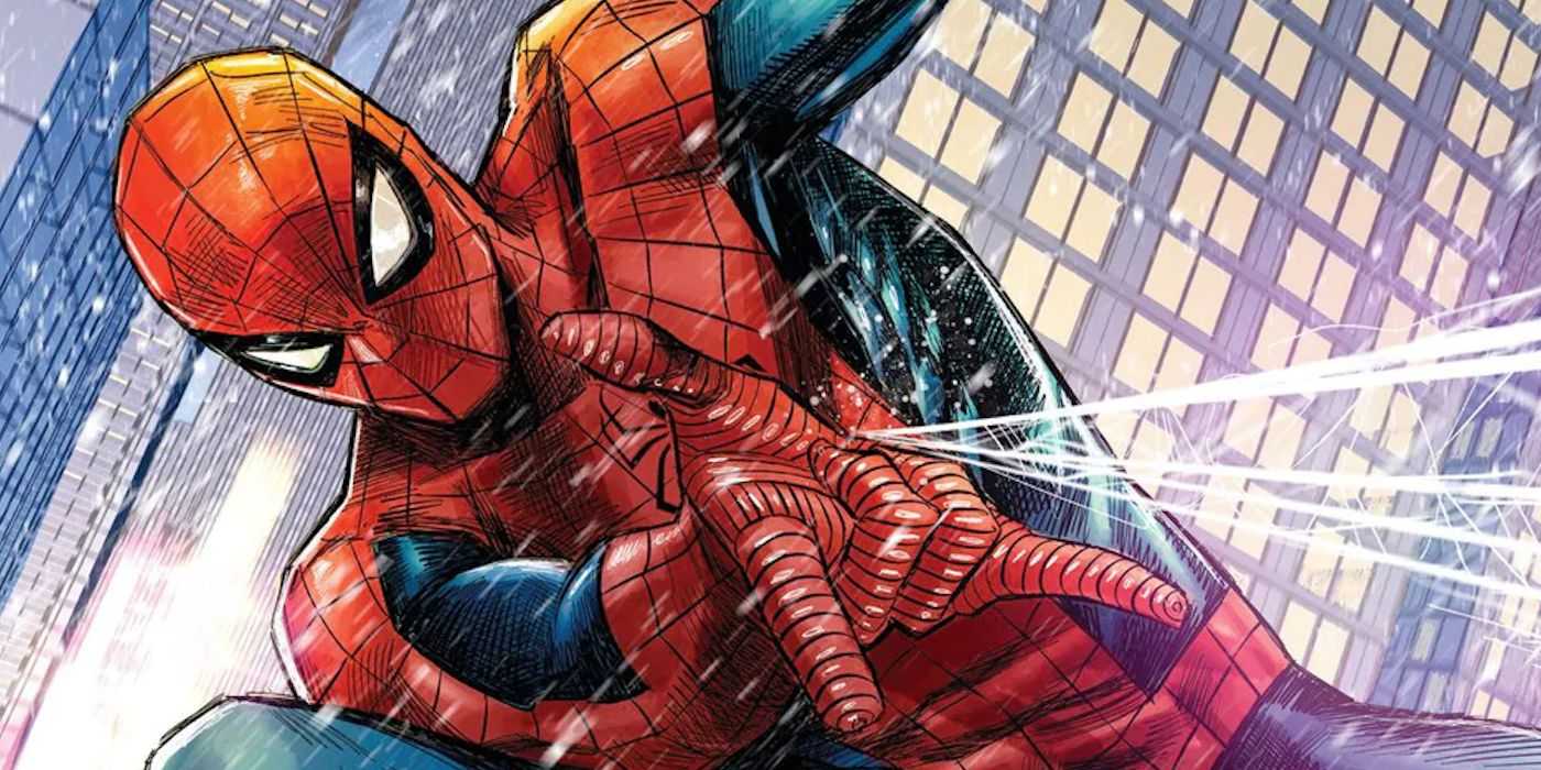 Spider-Man schießt seine Netze ab, während er durch die Stadt schwingt