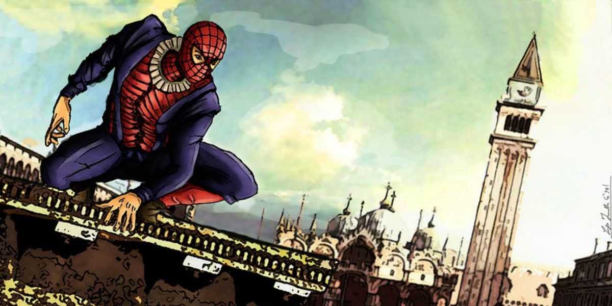 Peter Parquagh in klassischer Spider-Man-Pose mit Blick auf England im Jahr 1602