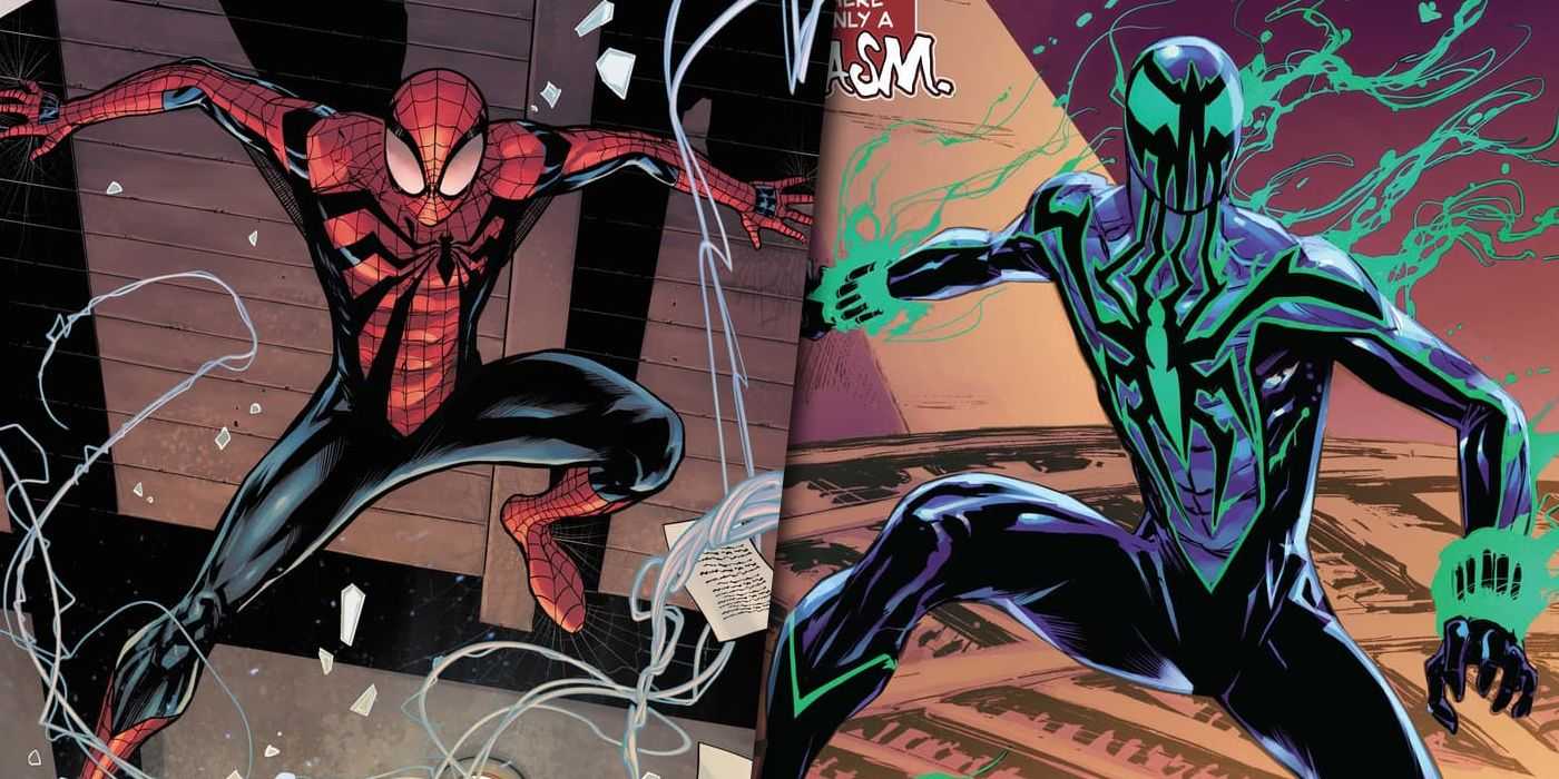マーベル・コミックのスパイダーマン・ビヨンドとキャズムを演じるベン・ライリーの分割画像