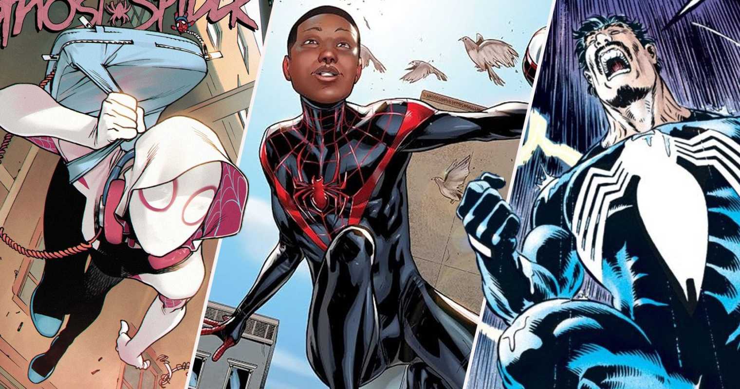 スパイダーマンとしてのゴースト・スパイダー、マイルズ・モラレス、クレイヴン・ザ・ハンターの分割画像