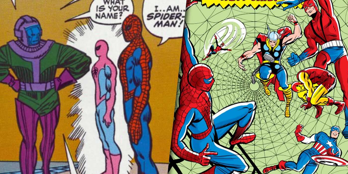 タイムスピナーという名前のスパイダーマン アンドロイドを作成するカンと、そのアベンジャーズへの攻撃の分割画像