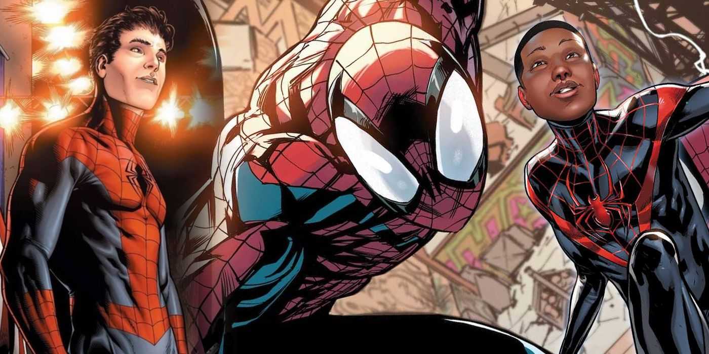 スパイダーマンの分割画像としてのピーター・パーカー、ベン・ライリー、マイルズ・モラレス