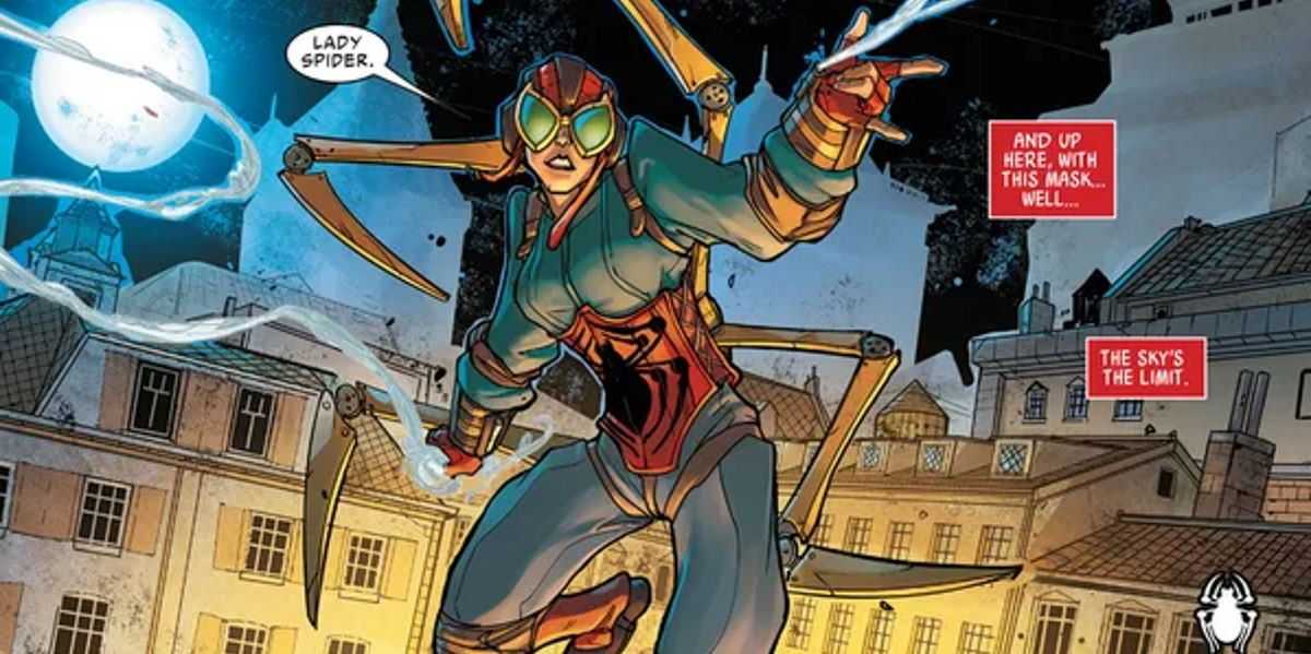 Lady Spider v noci skáče cez budovy a má na sebe svoje steam-punkové brnenie