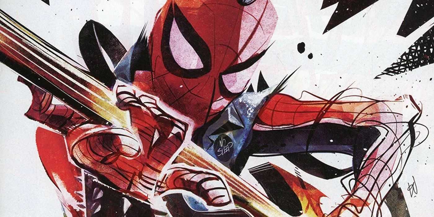 Hobie Brown vo svojom spider-punkovom obleku hrá na gitare smerom k divákovi