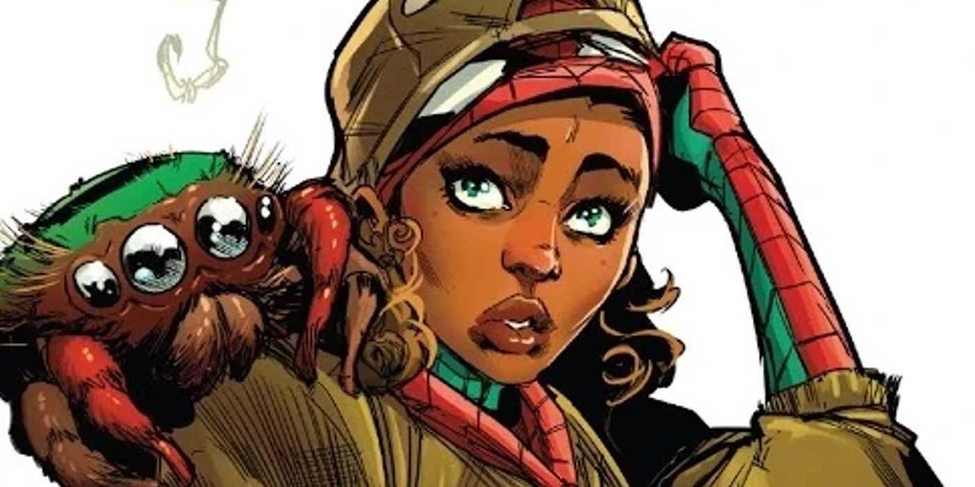 Spider-Zero si naťahuje masku cez tvár so svojím obrovským pavúčím miláčikom na ramene
