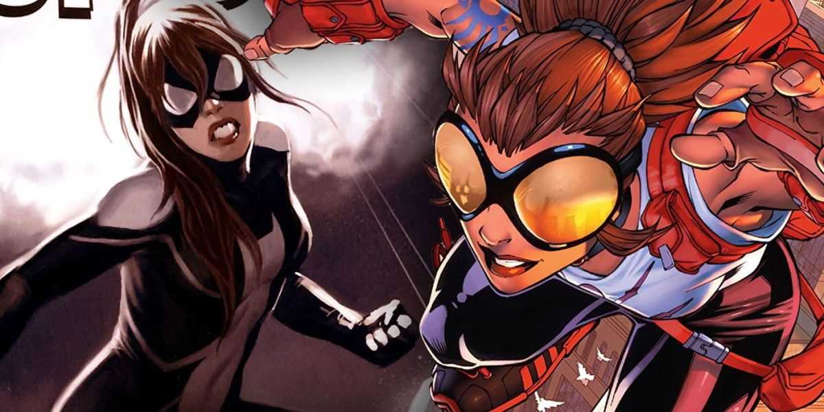 Koláž Anyy Corazonovej v oblečení Arana a kostýme Spider-Girl