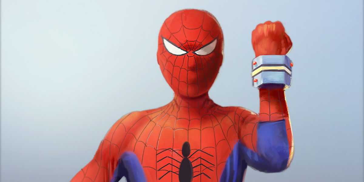 Japonský Spider-Man pózuje na sivom pozadí a predvádza gadget na svojom zápästí