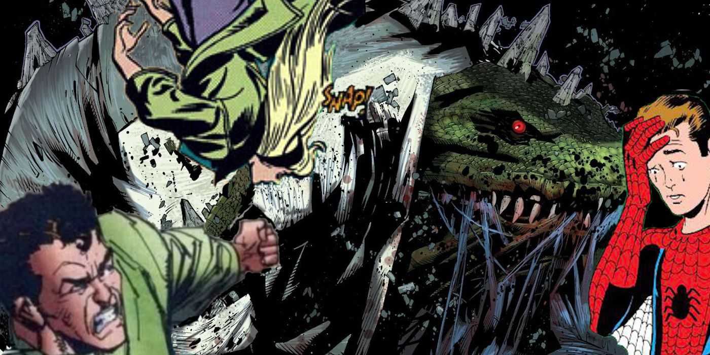 koláž Petra Parkera, Gwen Stacy a jašterice z Marvel Comics