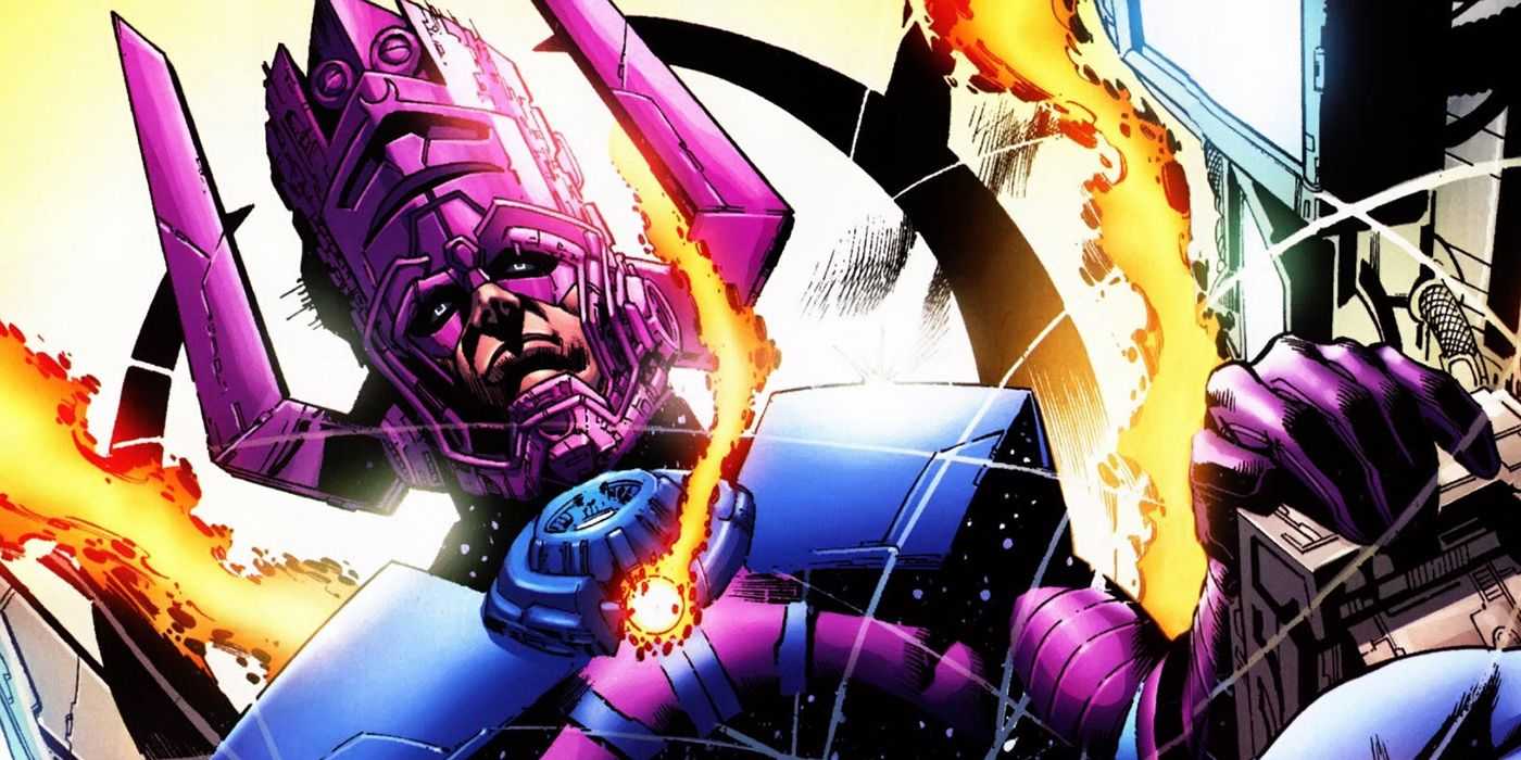 Галактус сидит на троне в окружении огня в комиксах Marvel.