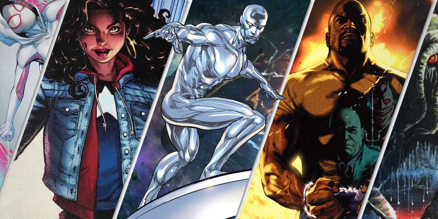 Geteilte Bilder von Spider Gwen, America Chavez, Silver Surfer, Luke Cage und Man Thing