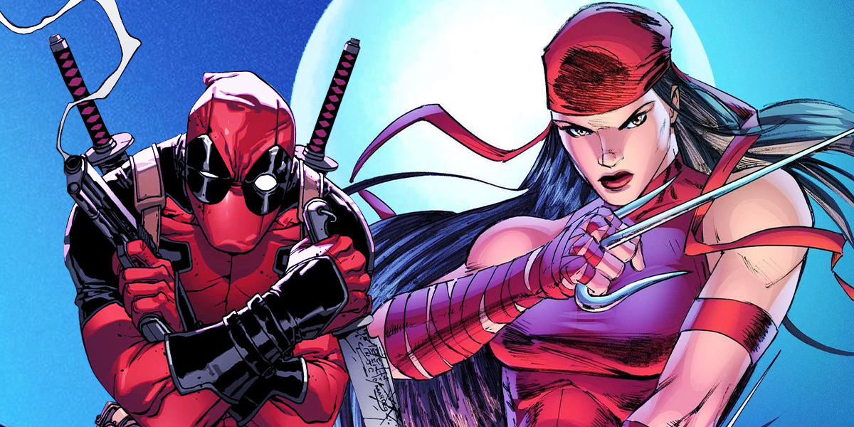 Eine Collage von Deadpool und Elektra mit gezogenen Waffen in Marvel Comics