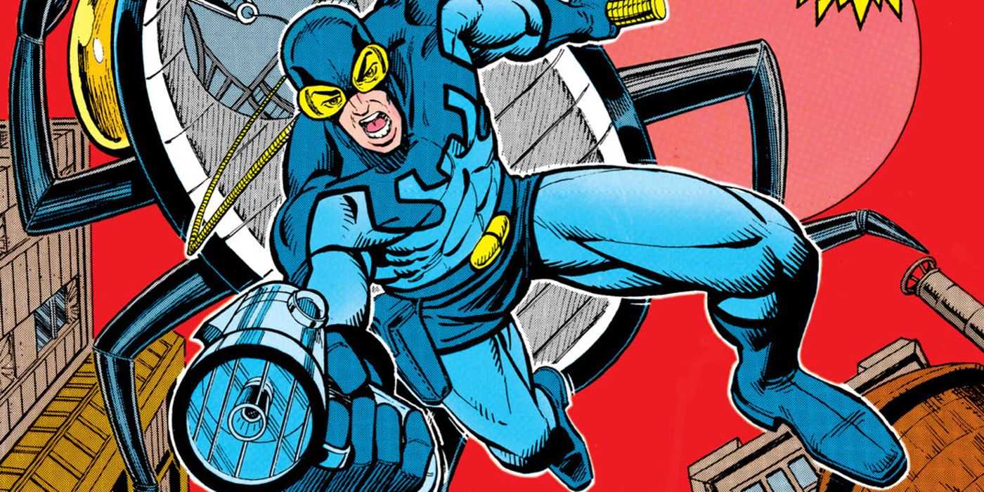 Ted Kord als Blue Beetle, der in DC Comics vom Bug springt.