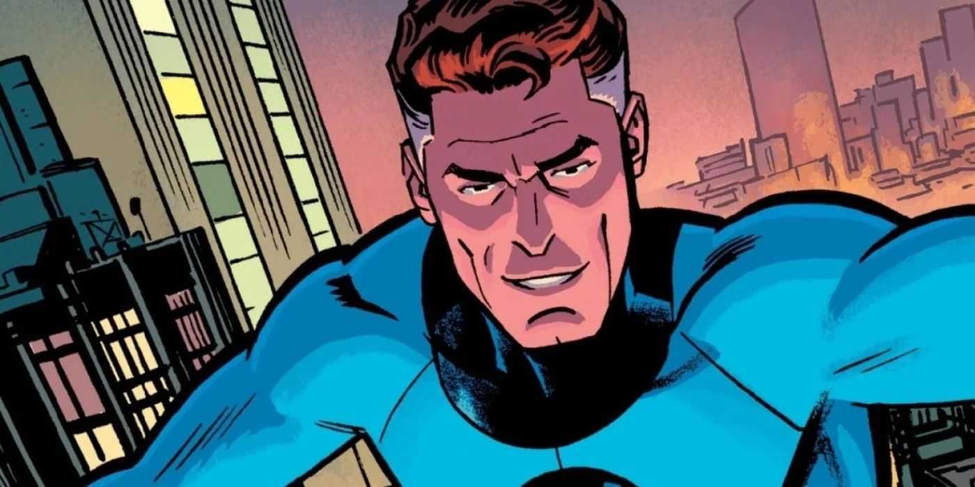 Reed Richards als Mr. Fantastic vor städtischem Hintergrund