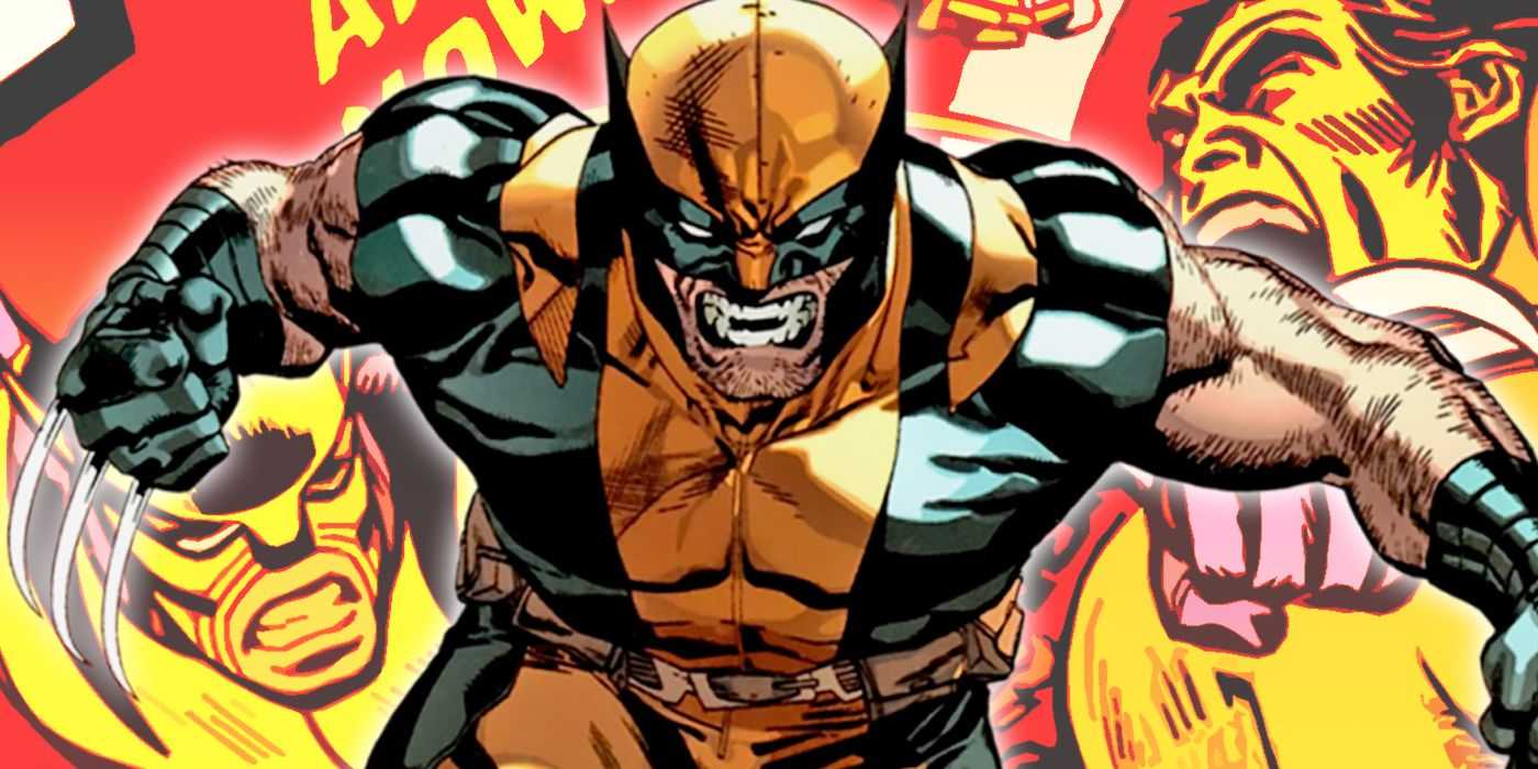 Wolverine knurrt den Betrachter an, mit seinem ersten komischen Auftritt im Hintergrund