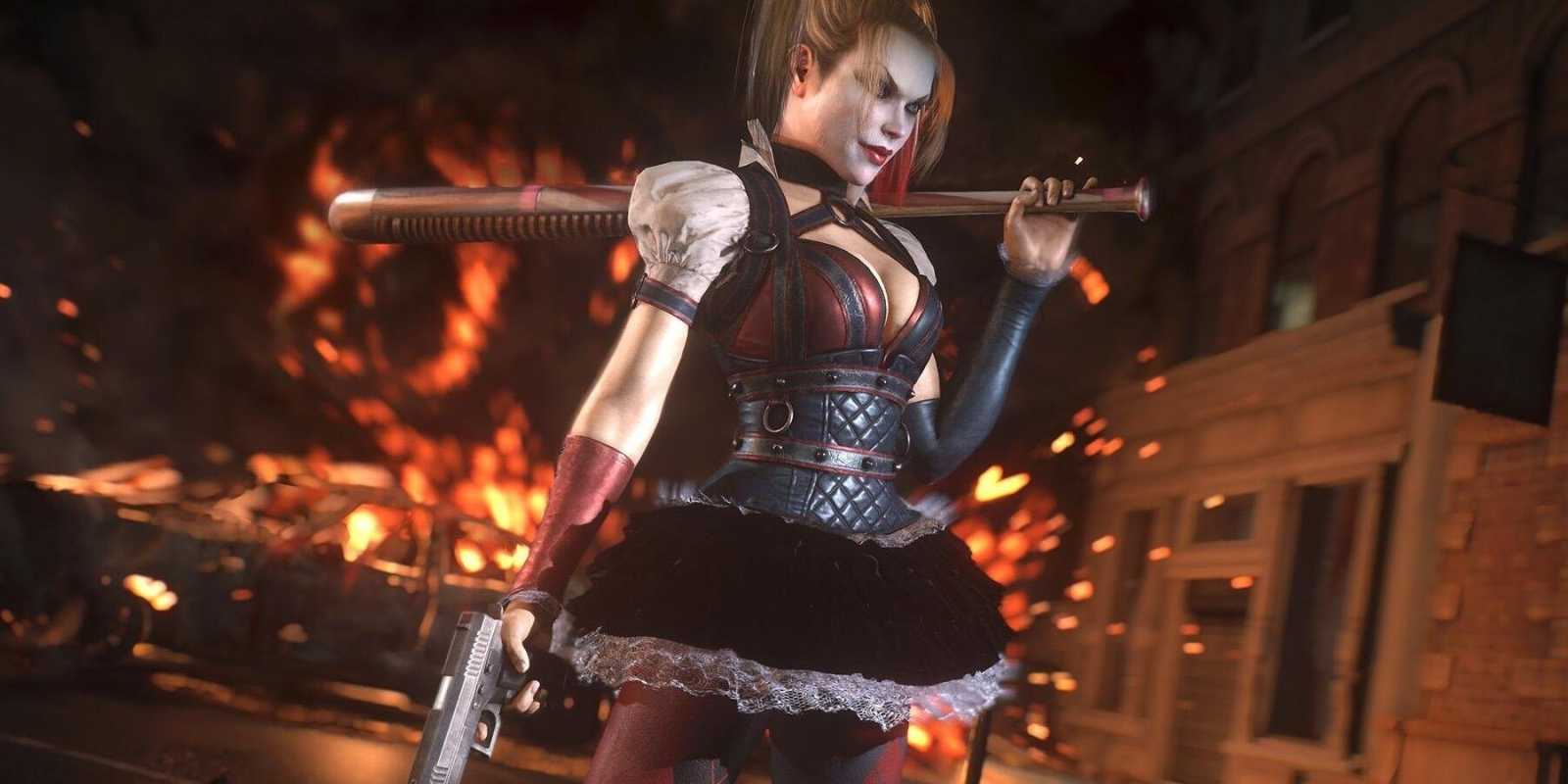Harley Quinn sosteniendo un bate y una pistola en Batman: Arkham Knight