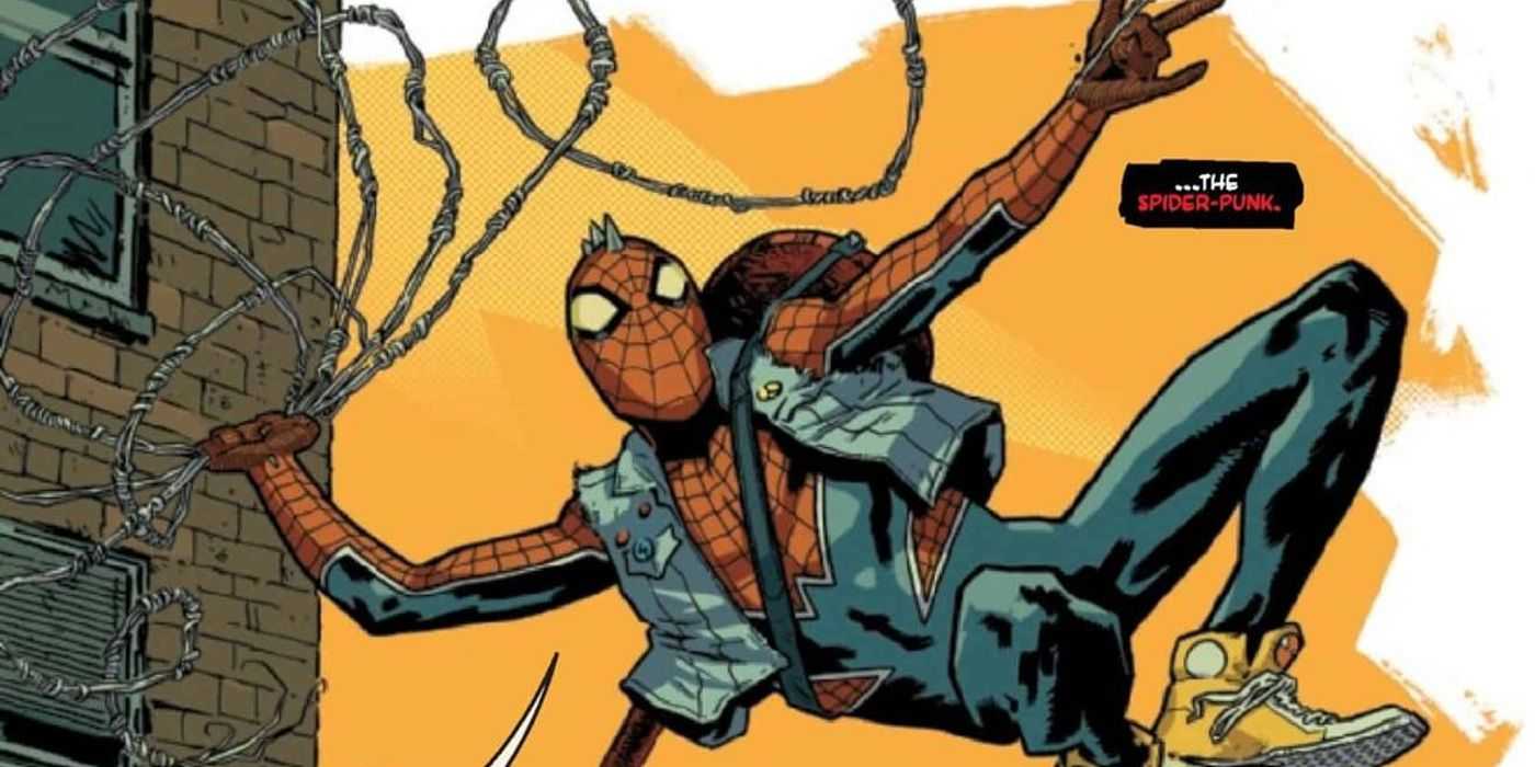 Spider-Punk se balancea desde un edificio en Marvel Comics.