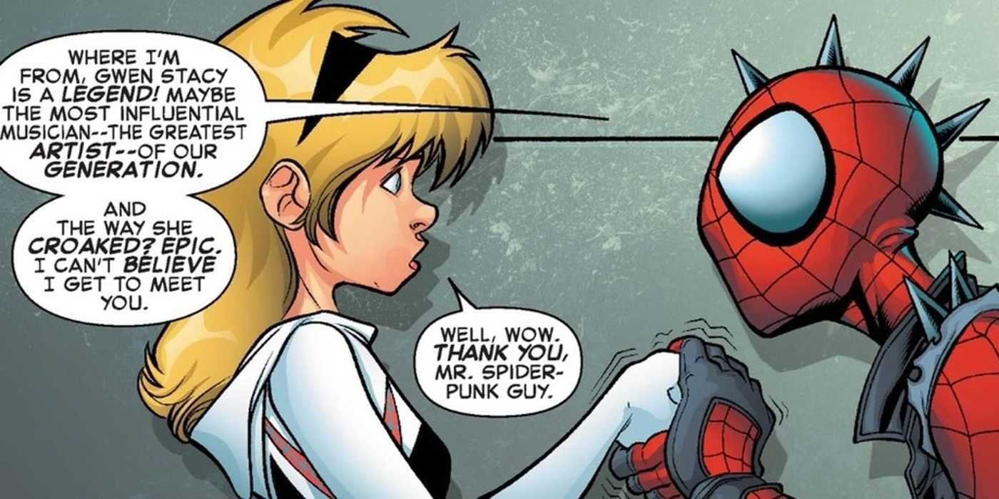 Spider-Punk sostiene a Gwen Stacy