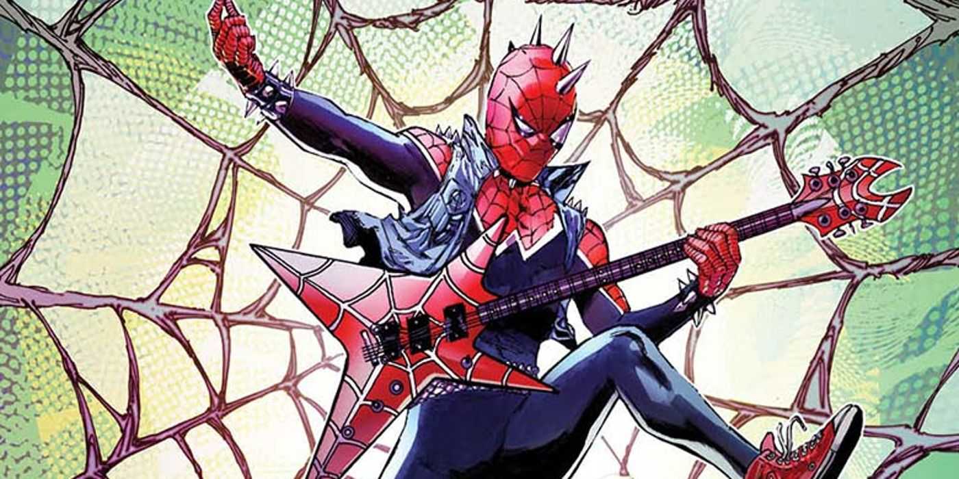 Spider-Punk toca la guitarra en una telaraña en Marvel Comics