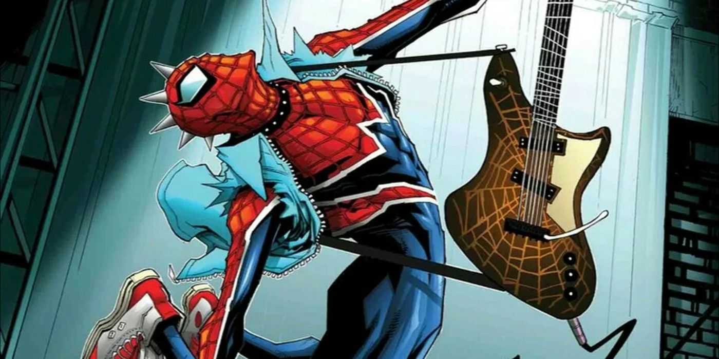 Spider-Punk se inclina hacia atrás en el aire con una guitarra en Marvel Comics