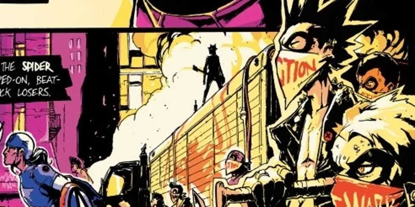 Spider-Punk lidera el Ejército Araña encima de un tren en Marvel Comics