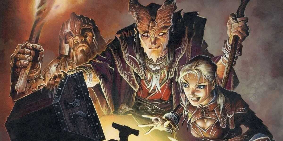 Drei Gruppenmitglieder in Dungeons and Dragons öffnen aufgeregt eine Truhe.