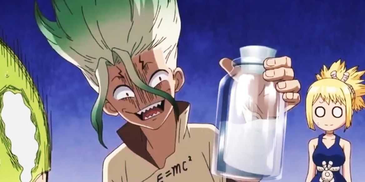 Senku Ishigami del Dr. Stone mostrando sus compuestos de sulfas.